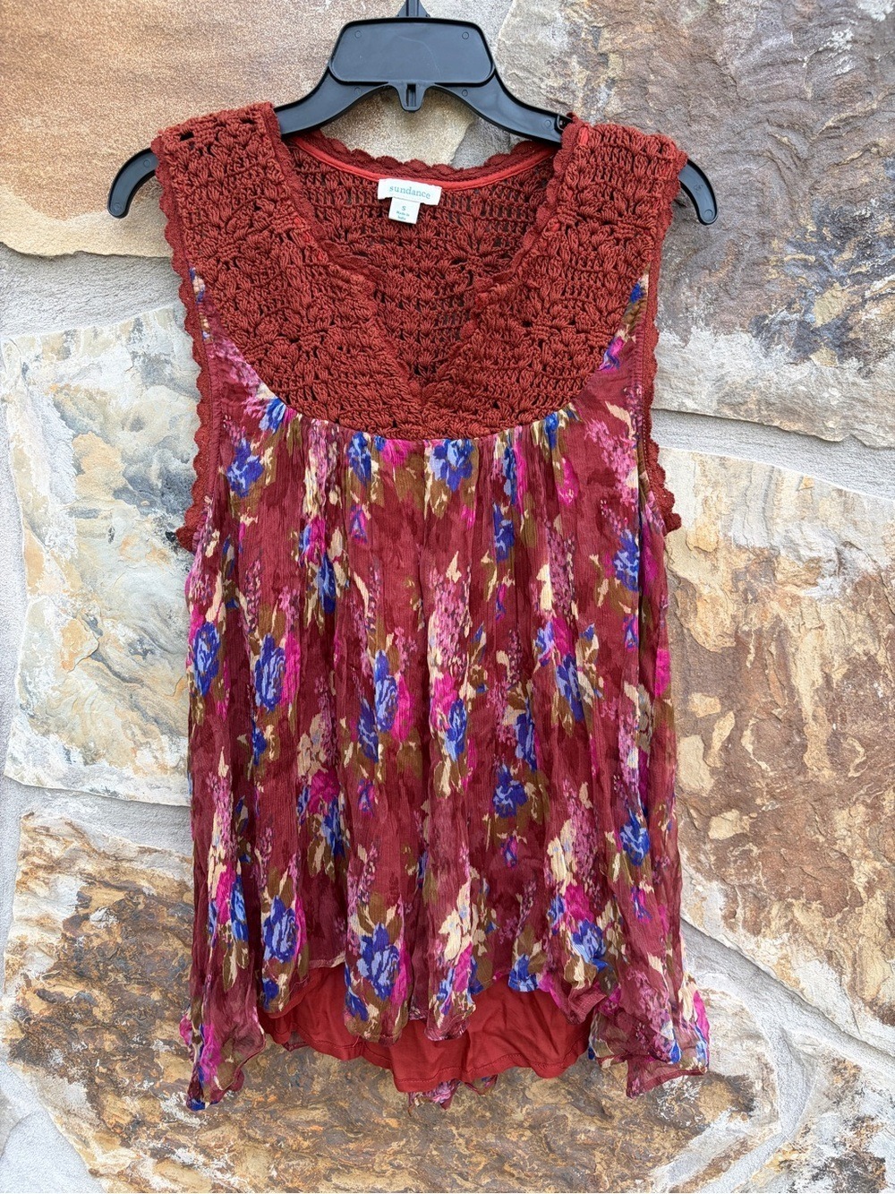 Sundance Women’s Dreamy Eyes Crochet Floral Crinkle Sleeveless Blouse Top BoHo